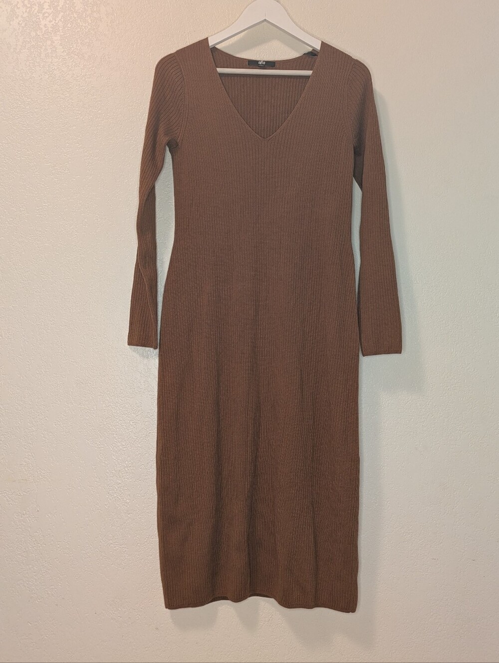 Uniqlo Merino Blend Fitted V-Neck Long Sleeve Knit Dress - Camel
